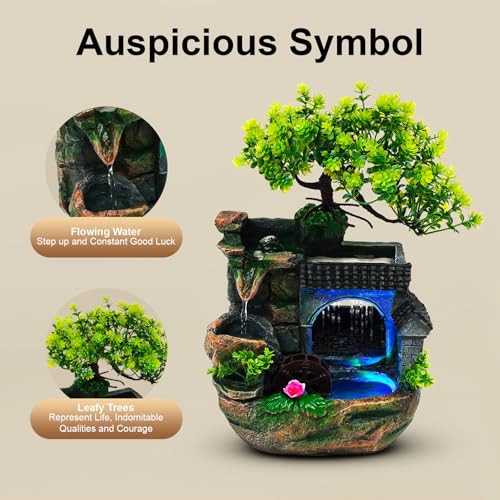 Rockery Tabletop Fountain, Waterfall Desktop Water Fountain with LED Light, Hand-Carved Resin Decor with Adjustable Flow Pump for Stress Relief, Suitable for Living Room, Office, Bedroom - size: B