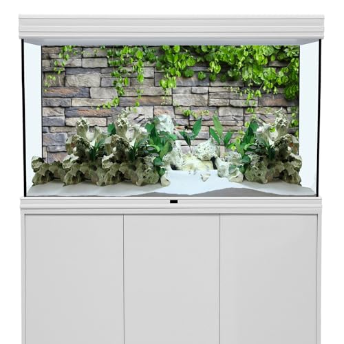 24x12 in Stone Brick Wall Aquarium Backdrop Leaves Fish Tank Background | AWERT Rock Green Leaves Terrarium Background Vinyl - size: 24x12in/60x30cm