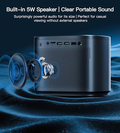 Miroir Mini Projector, Home HD Projector with Built-in Speaker, Auto Focus, Keystone Correction, Portable for Outdoor Movies, Compatible with Smartphone, TV Stick, Laptop, HDMI, USB