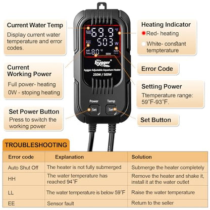 hygger Aquarium Heater, 250W/500W Adjustable Power Fish Tank Heater with Digital Display External Controller, Automatic Power-Off Protection Heater for 50-106 Gallons Freshwater and Saltwater Tank - size: 250W/500W Adjustable Power
