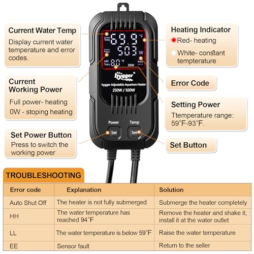 hygger Aquarium Heater, 400W/800W Adjustable Power Fish Tank Heater with Digital Display External Controller, Automatic Power-Off Protection Heater for 80-132 Gallons Freshwater and Saltwater Tank - size: 400W/800W Adjustable Power