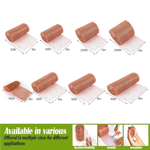 5" x 32 ft Copper Mesh Rodent Control Copper Wool for Slug Mice Snail Pest | Copper Mesh for Mice Pest Snail Bat Control Copper Steel Wool for Weep Hole Covers Blocks Gap Rodent Mesh Scissors Included - size: 5 inx32 ft