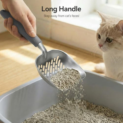 Cat Litter Scoop, Large Long Handle Kitty Metal Scooper | Heavy Duty Aluminum Deep Sifter, Ergonomic Non-Slip Grip, Rustproof Durable Poop Cleaner for Cat Litter Box - color: Gray, size: Large