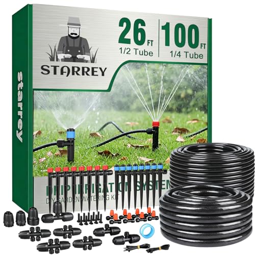 Drip Irrigation System for Garden, 2026-Upgraded Quick Connect Garden Watering Kit All-in-One with 1/2 inch 1/4 inch Irrigation Tubing for Garden, Lawn, Greenhouse, Raised Beds (126FT) - size: 26FT Main tube+100FT 1/4" tube