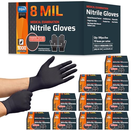 Inspire 6 or 8 Mil HEAVY DUTY Stretch Nitrile Black Gloves Disposable Latex Free - color: Black 8 Mil, size: Small