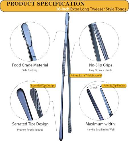 JETKONG 2 Pcs 16-Inch Heavy Duty Cooking Tweezers Extra Long Stainless Steel Kitchen Tweezers Large Plating Tongs (Navy Blue) - color: Navy Blue, size: 16+16 Inch