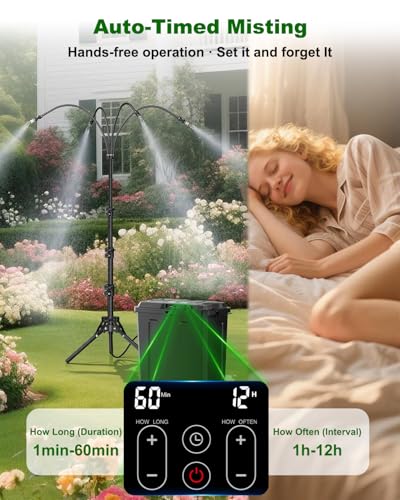 Portable Misting System with Stand, Water Cooling Misters Set for Outside Patio - 9L Bucket Built-in 10000mAh Battery & PCS Pump & Timer for Outdoor, Canopy, Sport, Golf, Beach, Greenhouse, Camp