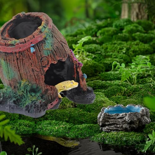 Resin Lizard Hideout and Reptile Hide Cave Decorative Habitat Shelter for Terrarium, Slant Barrel Design Reptile Tank Decor for Lizards, Turtles, and Amphibians