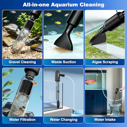 Cordless Gravel Vacuum Aquarium Cleaner for 10-75 Gallon,6-in-1 Automatic Fish Tank Cleaning Tools 2600mah Rechargeable Fish Tank Vacuum Large Tanks Change Water Wash Sand (25w) - size: For 10-75Gal