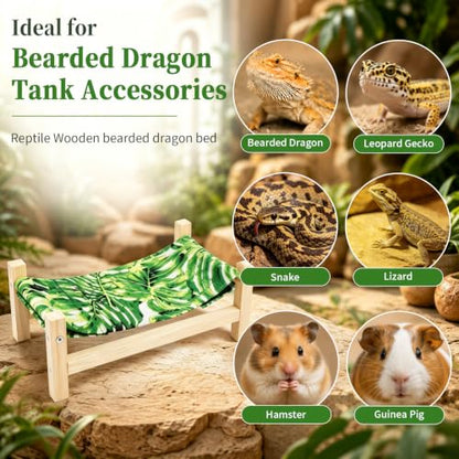 Bearded Dragon Bed,Wooden Reptile Hammock, Leopard Gecko&Bearded Dragon Tank Accessories, Hermit Crab &Crested Gecko Accessories (Large)