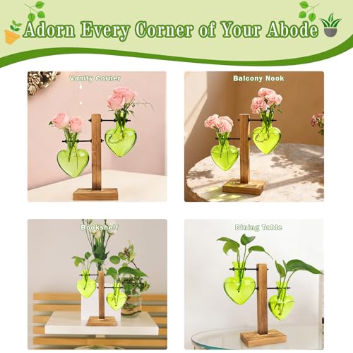 XXXFLOWER Plant Propagation Station Terrarium 2 Green Heart Shaped Vase | Terrarium Kit Bulb Glass Metal Desk Plant Holder, Retro Air Plants Water Plants, Home Office Decoration - color: Green