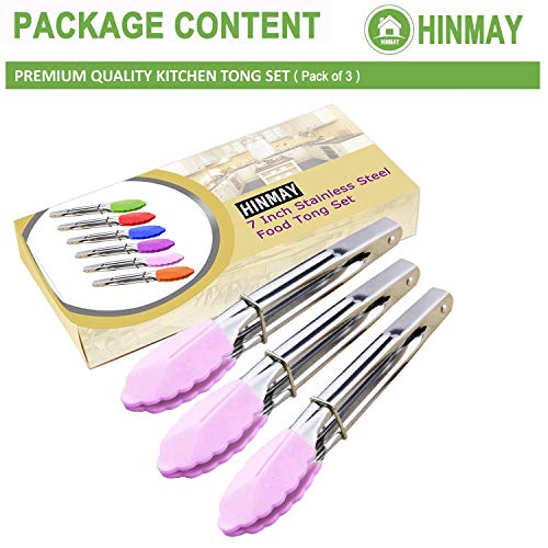 HINMAY 7-Inch Serving Tongs with Silicone Tips, Set of 3 (Pink) | 7-Inch Clam Shell Mini Tongs - color: Pink