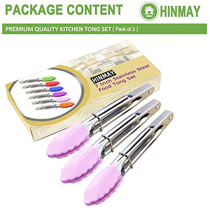 HINMAY 7-Inch Serving Tongs with Silicone Tips, Set of 3 (Pink) | 7-Inch Clam Shell Mini Tongs - color: Pink