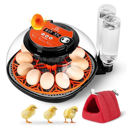 12 Egg Incubator for Hatching - Chicken, Duck, Quail & Goose – Automatic Egg Turner, Temperature & Humidity Control, Digital LED Display, Auto Water Refill System – Starter Kit with Plush Chick House