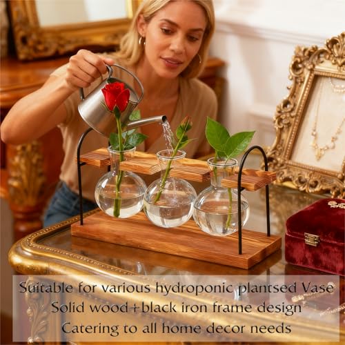 Plant Terrarium with Wooden Stand, Birthday Gift for Women Mom Plant Lover | Retro Glass Plant Propagation Station, Plant Pot Hydroponic, Unique Parent Gardening Gifts, Home Office Garden Decor Planter