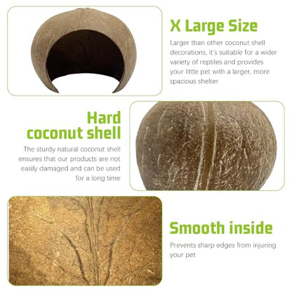 PINVNBY Large Natural Coconut Reptile Hideouts Lizard, Coco Hut Hermit Crab Hut Aquarium Fish Hide Cave for Small Reptile Crested Gecko Leopard Gecko Spider Snail Climber Toys - size: Extra Large Size, 1 PCS