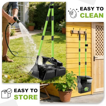 Pooper Scooper Swivel Bin & Rake with 50 Waste Bags, 38" Long Adjustable Handle Dog Poop Scooper for Yard Large Medium Small Dog, Easy to Clean Pet Waste Use on Grass, Dirt, Concrete or Gravel