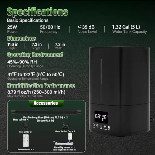 Automatic Reptile Fogger Humidifier with Smart Humidity Control, 5L Large Tank, 70" External Sensor Probe, Dual Hose Terrarium Humidifier for Ball Python, Chameleon, Gecko, Frog, Vivarium & Grow Tent