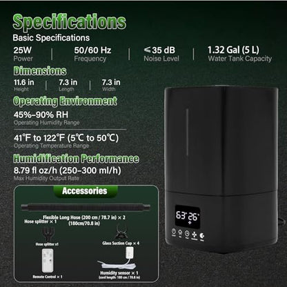 Automatic Reptile Fogger Humidifier with Smart Humidity Control, 5L Large Tank, 70" External Sensor Probe, Dual Hose Terrarium Humidifier for Ball Python, Chameleon, Gecko, Frog, Vivarium & Grow Tent