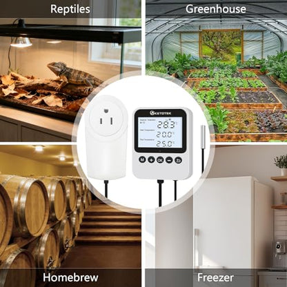 KETOTEK Digital Thermostat Timer Plug Outlet – Auto Day/Night Temperature Controller, Temp Switch 120V Backlit LCD for Reptile Terrarium & Greenhouse, 3 Modes Selectable, 3m Sensor Probe