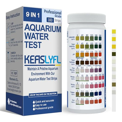 Aquarium Test Strips,100 Strips 9 in1 Saltwater and Freshwater Aquarium Test Kit for Aquarium,Pond and Fish tank,Testing Carbonate,Alkalinity,pH,Hardness,Free Chlorine,Nitrate,Nitrite,copper and Iron.