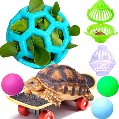 7 pcs Tortoise Treat Ball and Training Skateboard Toy Set Turtle Feeder Ball Funny Aquatic Turtle Enrichment Toys Aquarium Feed Toy Tortoise Feeding Balls Vegetable Grass for Small Animals