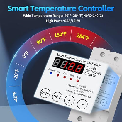 Smart Temperature Controller,63A 110/220V Digital Thermostat,LED Display,Heating and Cooling Control Timer,-40℉to 284℉,for Greenhouse,Reptile Incubator,Homebrew