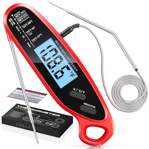 Instant Read Meat Thermometer Digital with Dual Probe | Large Backlit, Calibration, Food Thermometer for Cooking, Grilling, Smoker, BBQ, Candy, Oil Fry, Kitchen, Gifts for Men - color: Red