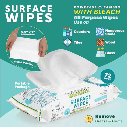 Juniper CLEAN 6 Pack Surface Cleaning Wipes with Bleach, All-Purpose Cleaner for Bathroom, Kitchen, Office, 72 Count Soft Flow, Fresh Scent, Lint Free & Durable - size: 72 Count (Pack of 6)
