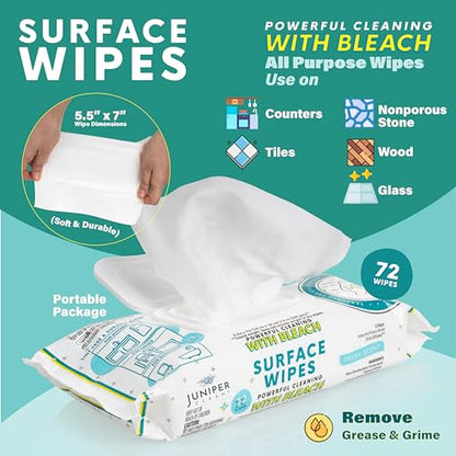 Juniper CLEAN 1 Pack Surface Wipes with Bleach, All-Purpose Cleaner for Bathroom, Kitchen, Office, 72 Count Soft Flow, Fresh Scent, Lint Free & Durable - size: 72 Count (Pack of 1)