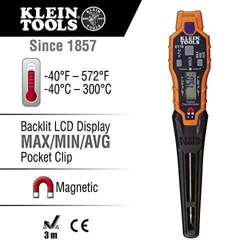 Klein Tools IR1 Infrared Thermometer, Digital Laser Gun is Non-Contact Thermometer with a Temperature Range -4 to 752-Degree Fahrenheit & ET10 Magnetic Digital Pocket Thermometer