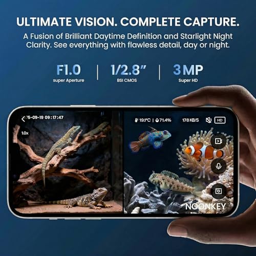 Noonkey 2 Pack 2K Pet Camera for Aquarium, Reptile & Bird Feeder, No Drill Window Security Camera, 5GHz/2.4GHz WiFi, Color Night Vision, 24/7 Recording, Human Detection & Alarm, 2-Way Audio, Alexa