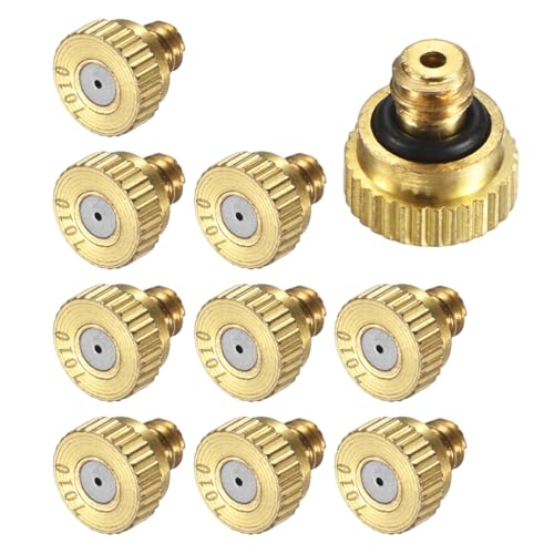 M METERXITY 10-Pack Brass Misting Nozzles, 0.028inch/0.7mm Orifice Heavy Duty 10/24 UNC Screw Thread Misting Nozzle Plug for Outdoor Spray Cooling System/Patio Mist System/Dust Control - size: 0.028inch/0.7mm