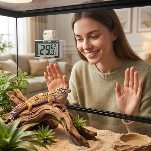 2packs Accurate Reptile Thermometer Hygrometer, Self‑Adhesive Digital Temperature Humidity Meter with ℃/℉ Switch, Mini LCD Gauge for Terrarium Vivarium Bearded Dragon Tank Accessories (2packs)