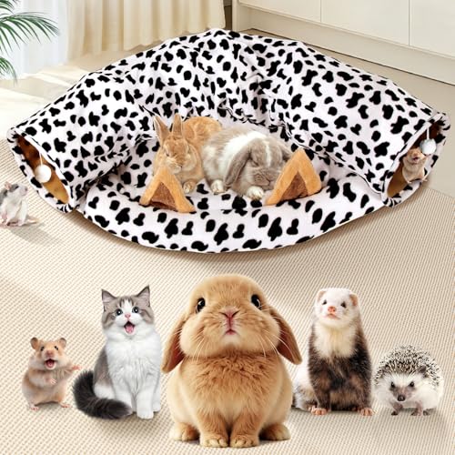Spardar 2-in-1 Bunny Tunnel Bed, with Removable Mat Hideout, Cow | Collapsible Tunnel Tubes Toys, Washable, Interactive Toys for Rabbits, Chinchilla, Hedgehog, Guinea, Kitty - color: Cow