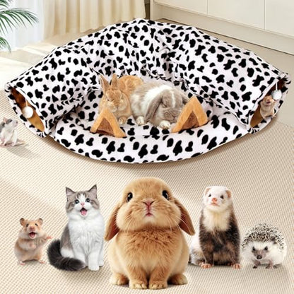 Spardar 2-in-1 Bunny Tunnel Bed, with Removable Mat Hideout, Cow | Collapsible Tunnel Tubes Toys, Washable, Interactive Toys for Rabbits, Chinchilla, Hedgehog, Guinea, Kitty - color: Cow