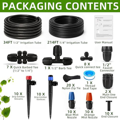 Drip Irrigation System with Quick-Connect, 248FT Complete Kit | Automatic watering with leak-free push-fit connectors, adjustable drip emitters for gardens, raised beds, greenhouses & lawns - size: 34FT 1/2''Main tube+214FT 1/4'' tube