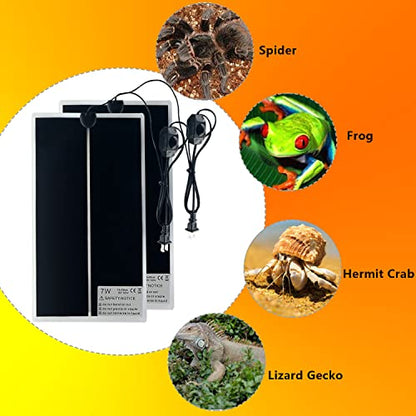Reptile Heating Mat, 2PCS Reptile Heating Pad with Temperature Adjustment for Reptiles Tortoise Snakes Lizard Gecko Hermit Crab Amphibians - Removable Terrarium Heat Mats(7W, 6x11 inches) - size: 2PCS,7W