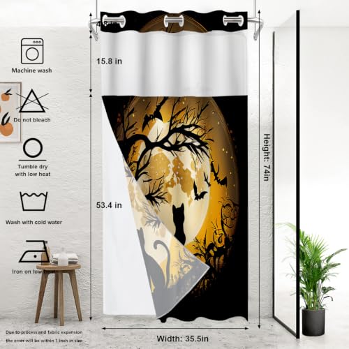 Happy Halloween Funny No Hooks Shower Curtain with Snap in Liner Set, Black Cat Moon Bat Tree Tub Curtainn Mesh Top Window & Magnetic Hem Waterproof 35.5X74 Inch - color: Black Happy Halloween Funny64, size: 35.4"W x 74"L (Pack of 1)