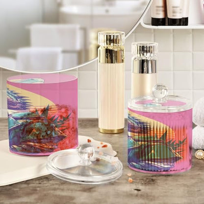 Reptile Peach Tropical Style Clear Plastic Storage Container Jars with lid Bathroom Essentials Decorative storage bins for Cotton Swabs,Cotton Pads,Floss Picks,Paper Clips,Hair Clips 2 Pack