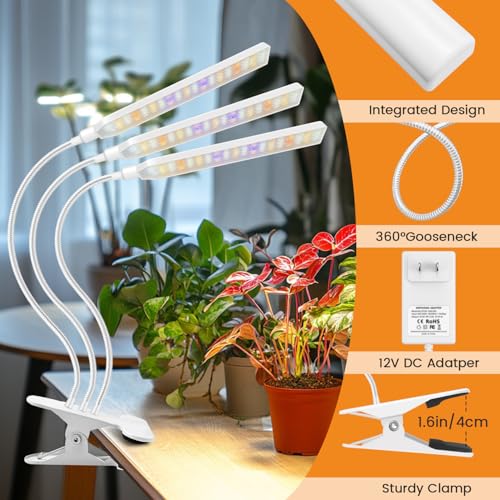 Kullsinss Clip-on Plant Lights for Indoor Growing, 171 LEDs 24W Grow Light | White 3-Gooseneck Plant Lamp for Seedlings, Full Spectrum Grow Lamp with Red Blue Yellow White LEDs, Timer & Dimmable - size: 3 Heads--White