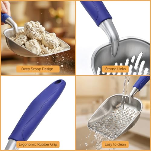Cat Litter Scoop, Large Long Handle Kitty Metal Scooper, Heavy Duty Aluminum Deep Sifter, Ergonomic Non-Slip Grip, Rustproof Durable Poop Cleaner for Cat Litter Box - color: Blue, size: Large