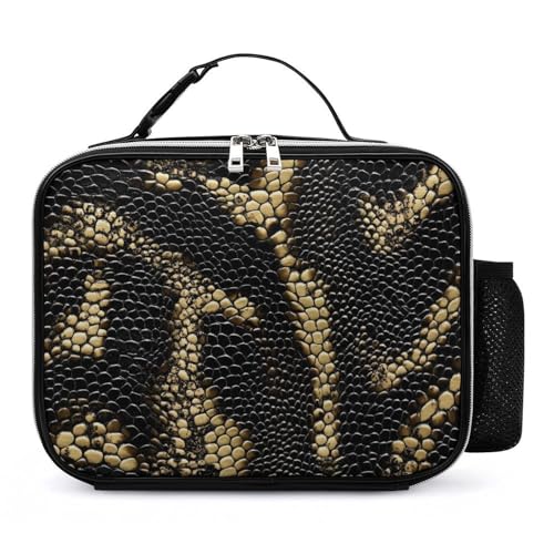 Snake Skin Pattern Insulated Lunch Bag PU 27x21x9cm | Makeup Storage Tote with Removable Handle and Mesh Side Pocket for Women Men Work Picnic Travel