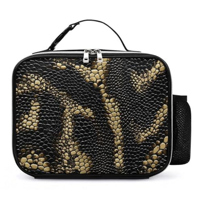 Snake Skin Pattern Insulated Lunch Bag PU 27x21x9cm | Makeup Storage Tote with Removable Handle and Mesh Side Pocket for Women Men Work Picnic Travel