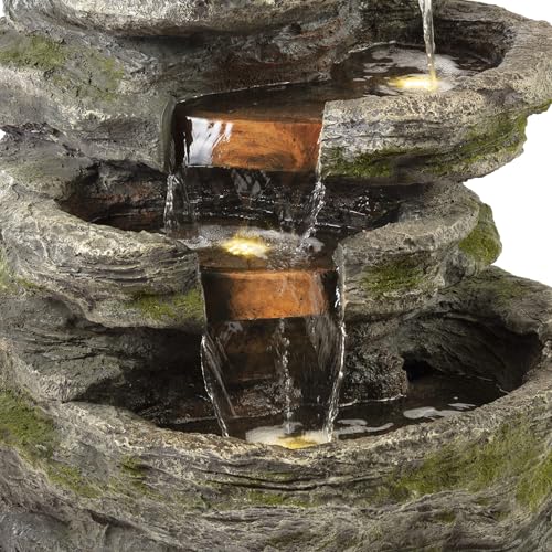 Alpine Corporation WIN1146 Outdoor Floor Cascading 8 Tiered Rock Garden Water Fountain with LED Lights, 58", Gray - style: 58" H - 8-Tier Warm White LEDs