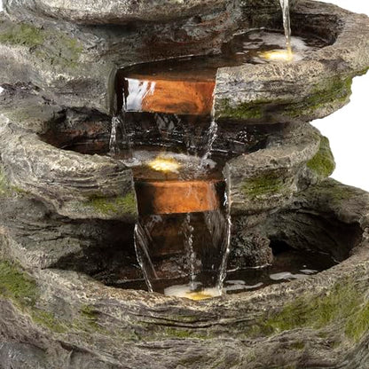 Alpine Corporation WIN1146 Outdoor Floor Cascading 8 Tiered Rock Garden Water Fountain with LED Lights, 58", Gray - style: 58" H - 8-Tier Warm White LEDs