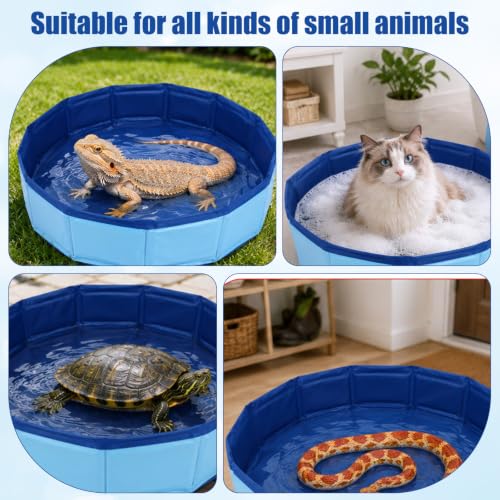 Foldable Bearded Dragon Bathtub, 50x10cm/19.69x3.94in Portable Small Pet Water Tub with Soft Brush and Towel for Bearded Dragons Turtle Hedgehogs Hamsters (Blue)