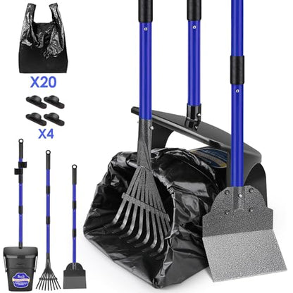 Lukovee Dog Pooper Scooper, 37.4" Long Metal Handle, No Bending Swivel Bin | Portable, Adjustable, Rake Spade Kit, Non-Stick Stainless Steel, 3L Odor-Seal Bin, Works on Grass Gravel Concrete, 20 Bags