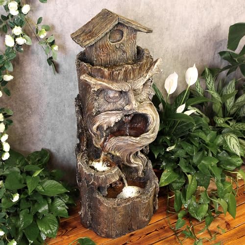 YZM Outdoor Floor Cascading Waterfall Tree Trunk Water Fountain 33.46" H | Patio Porch Backyard Garden Fountain with LED Lights Pump 3 Tiers Water Feature - color: Tree Trunk Brown