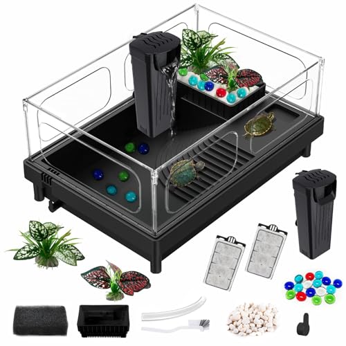 GOZILLA Small Turtle Tank with Filter, Acrylic Aquarium Turtle Tank Starter Kit with Multi-Functional Areas for Turtles, Hermit Crabs, Crayfish, Small Reptiles. (Black)